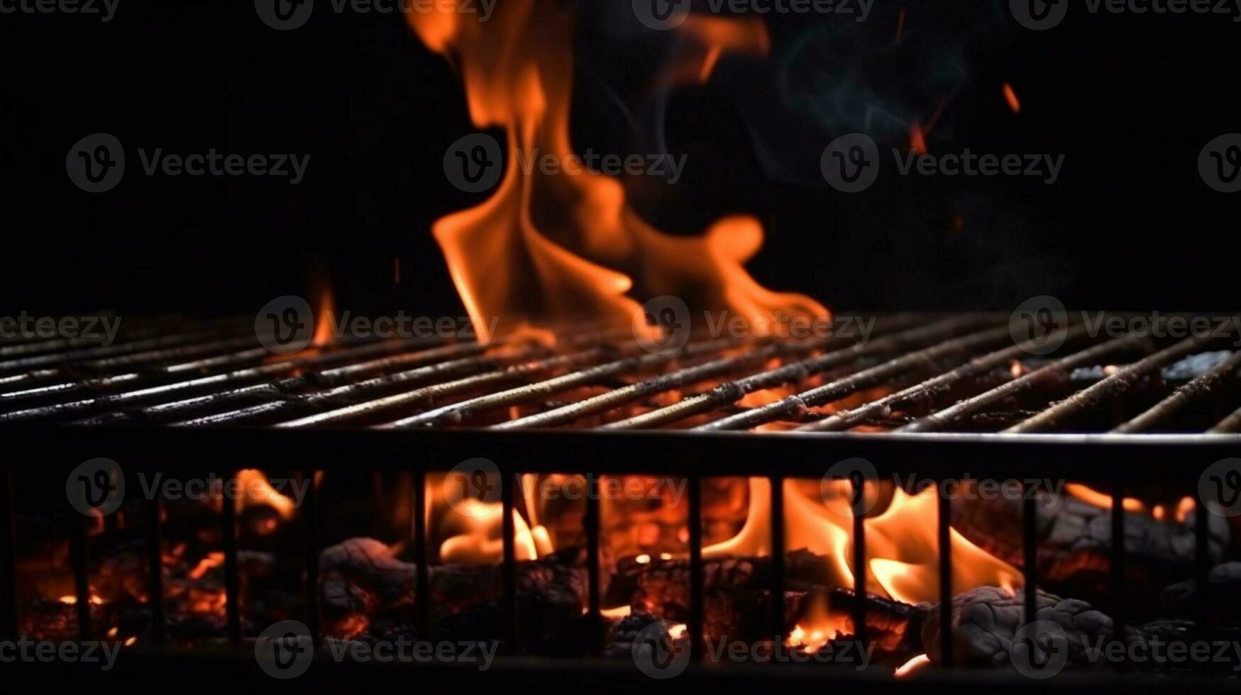 carbón fuego bailar, llameante parrilla conjunto en contra un negro Cocinando antecedentes. ai generado foto