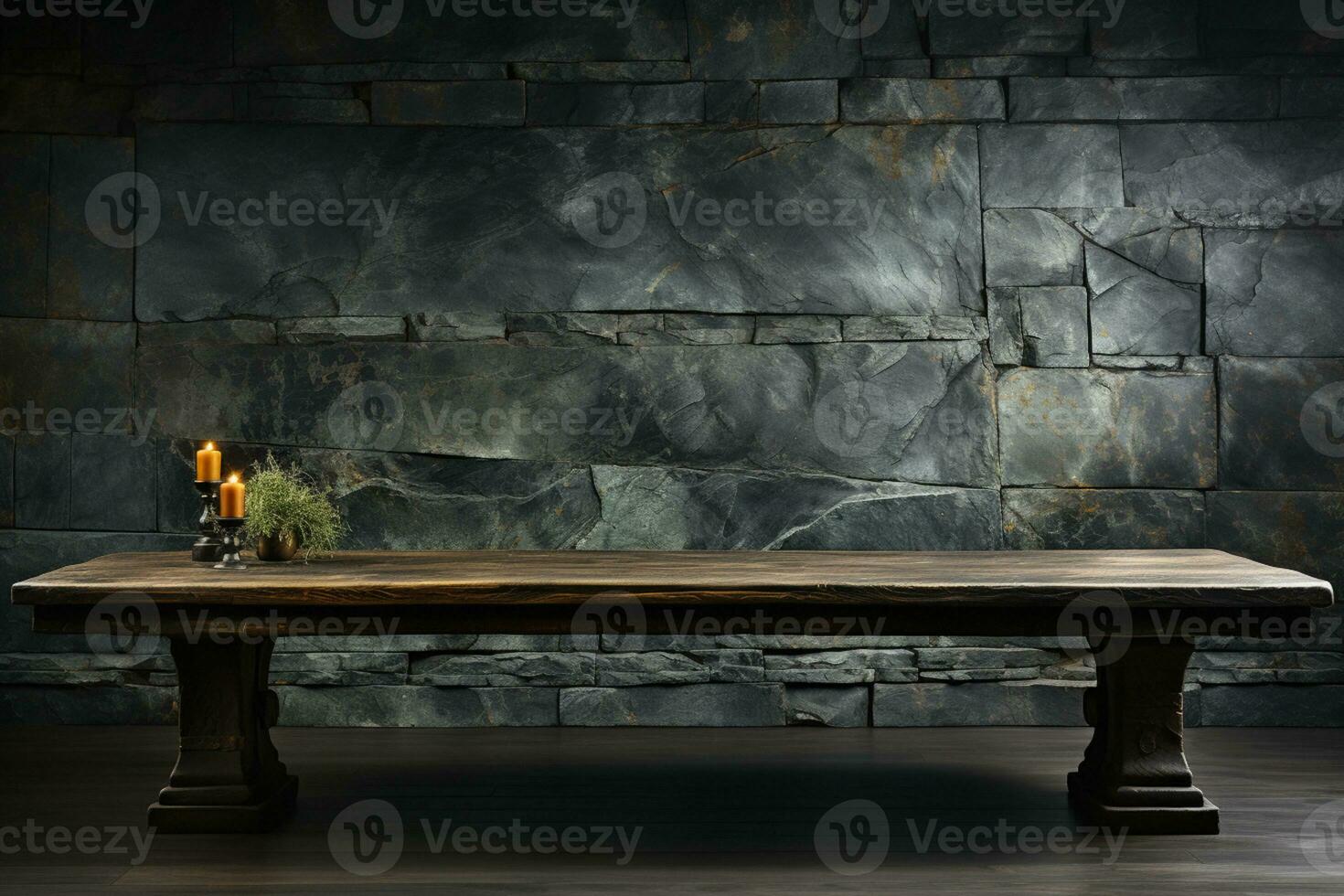 Abandoned surface, dark marble, ebony countertop, on dim wall backdrop AI Generated photo