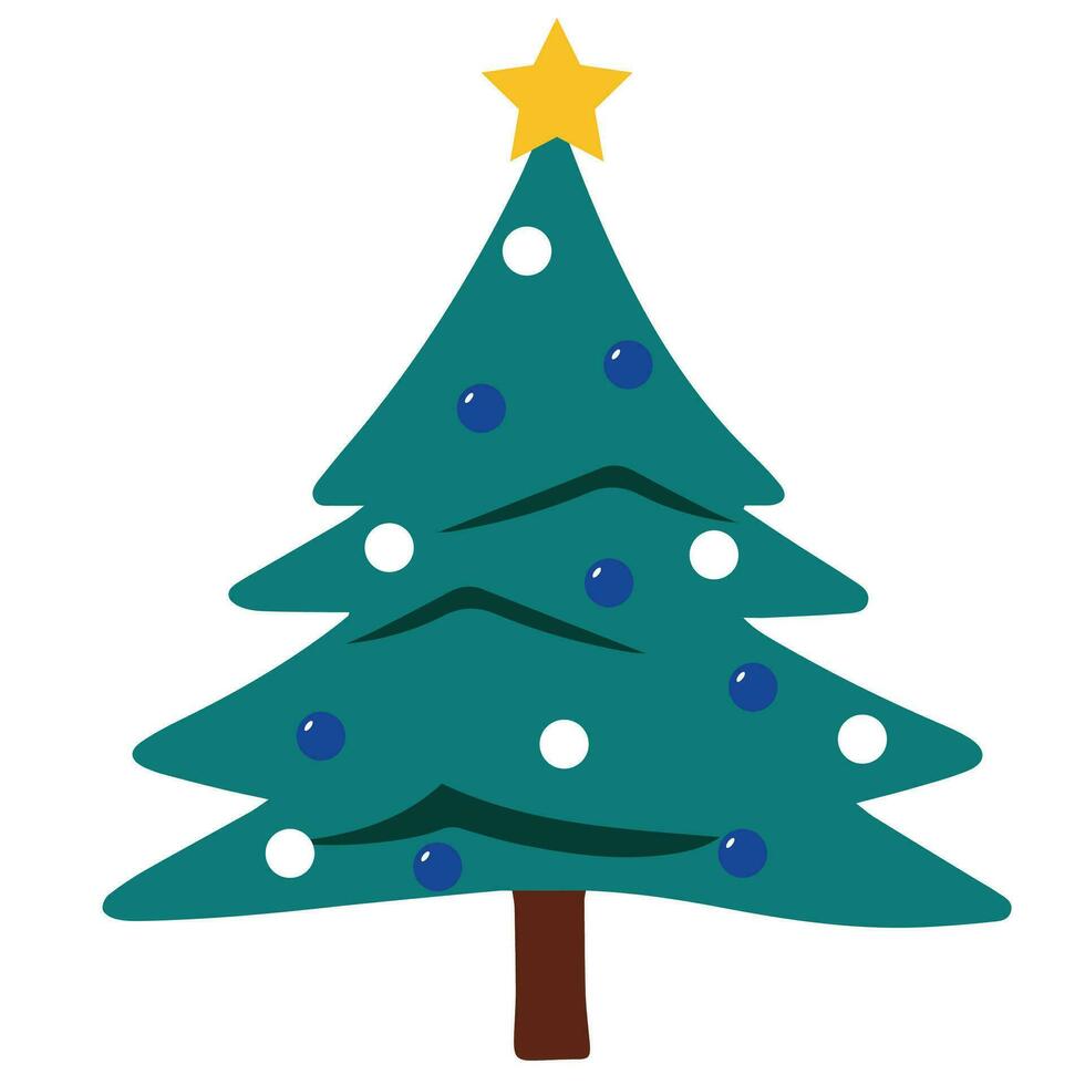 Christmas tree in flat style isolated on white background. Pine tree with Christmas decoration. Vector illustration.