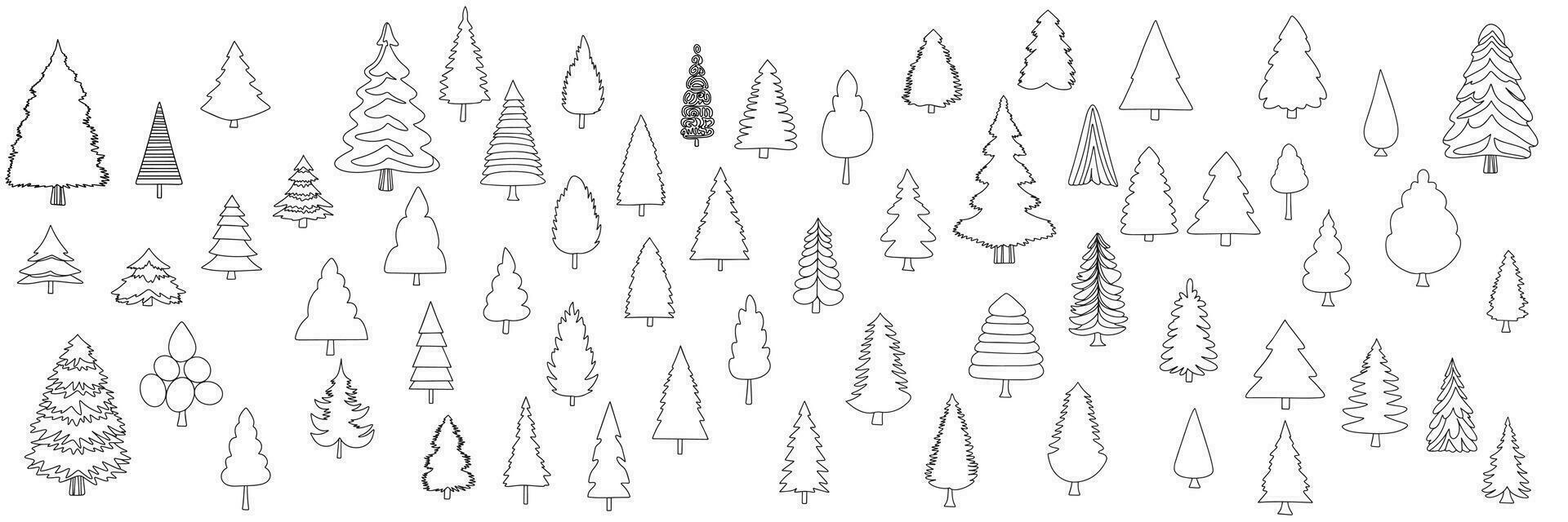 colección de pino árbol en garabatear estilo. mano dibujado abeto árbol aislado en blanco antecedentes. contorno pino arboles grande conjunto de piceas Navidad arboles en garabatear estilo. vector ilustración