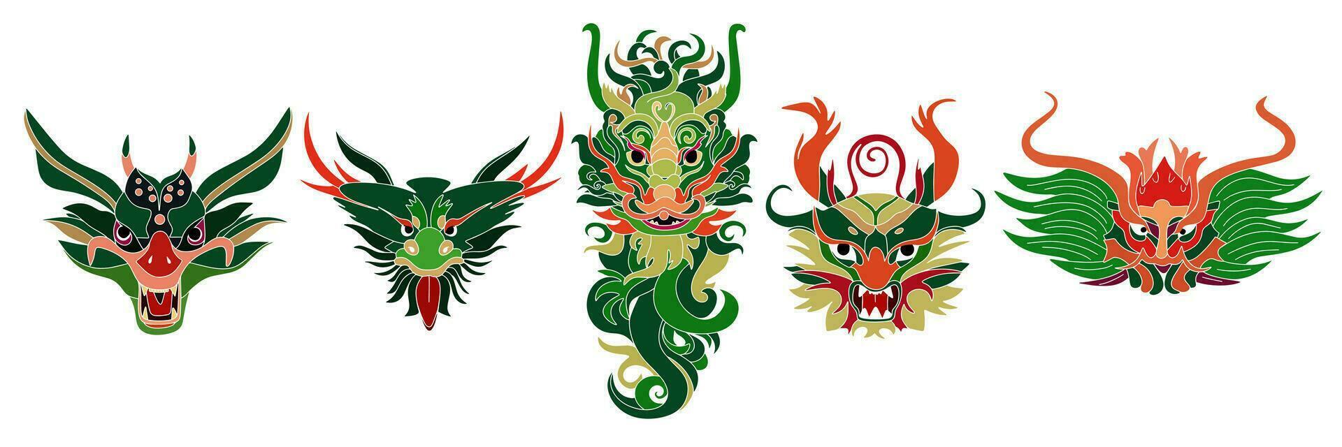 Set hand drawn dragon's heads. Green dragon head symbol of 2024 year. Vector illustration.