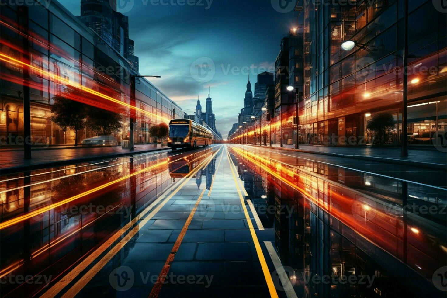 Nocturnal energy Light trails on street capture citys dynamic nature amidst cityscape AI Generated photo