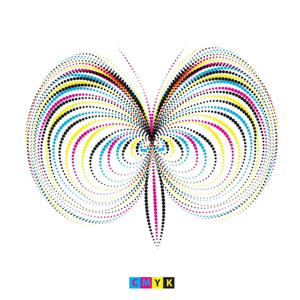 un mariposa hecho de cmyk de colores líneas trama de semitonos punto efecto, un blanco y negro línea dibujo de un letra s un conjunto de cuatro diferente resumen formas icono logo con trama de semitonos punto efecto en blanco antecedentes vector