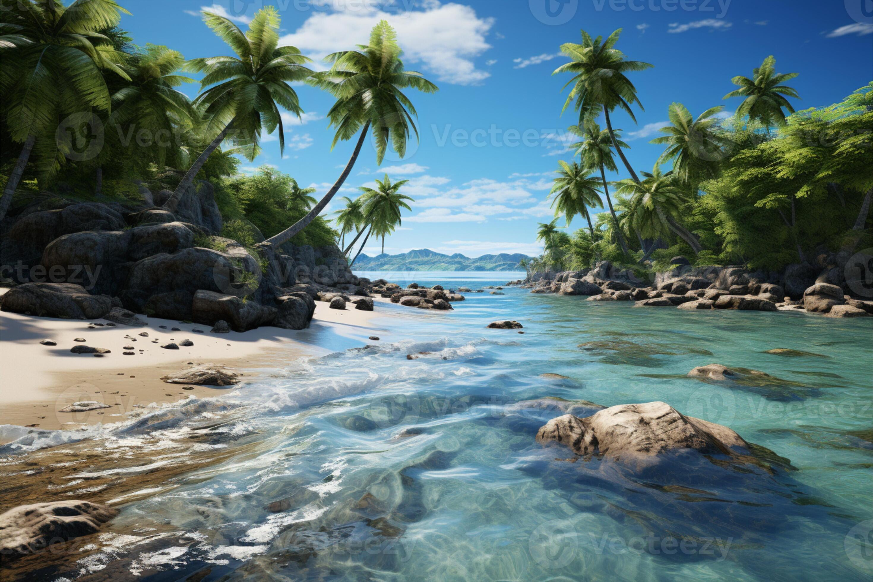Palm fringed paradise Beach adorned with towering palms, a tropical 