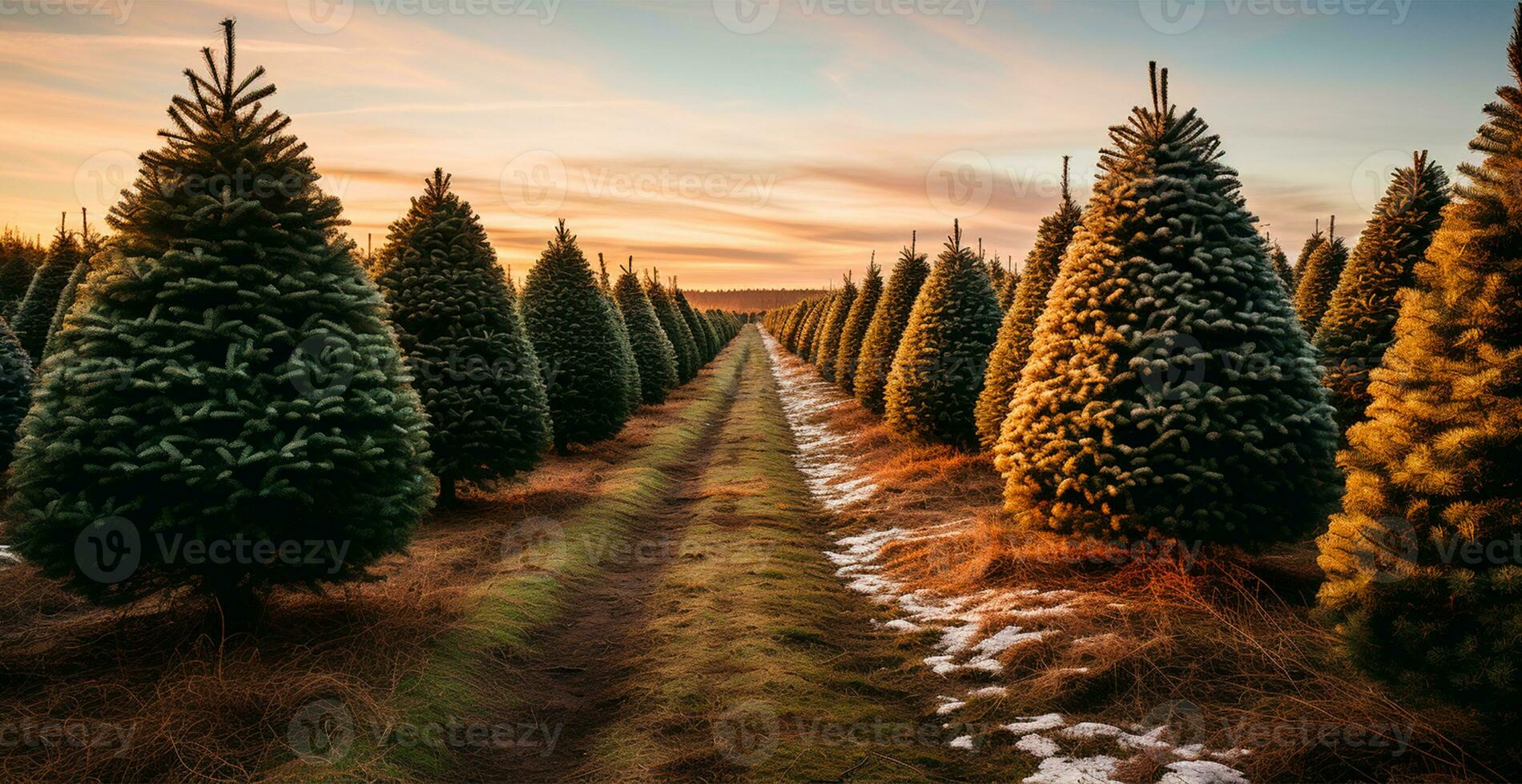 Christmas tree growing in a nursery near the forest. Trees for the holiday. Close-up shot - AI generated image photo