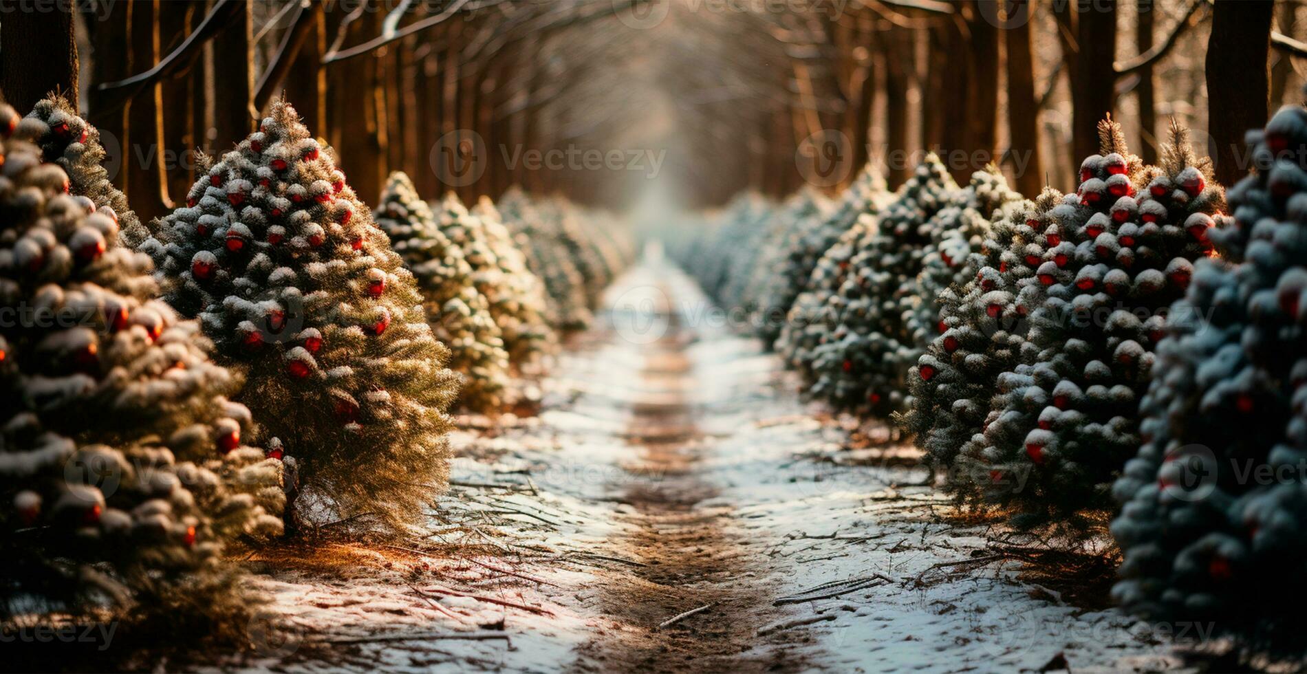 Christmas tree growing in a nursery near the forest. Trees for the holiday. Close-up shot - AI generated image photo