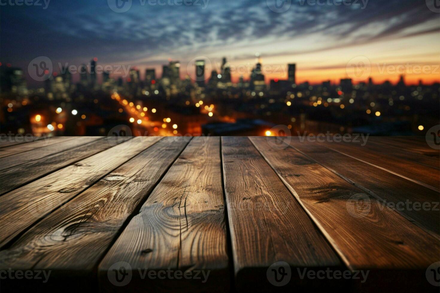 horizonte crepúsculo borroso noche cielo, de madera mesa en el medio de urbanidad ai generado foto