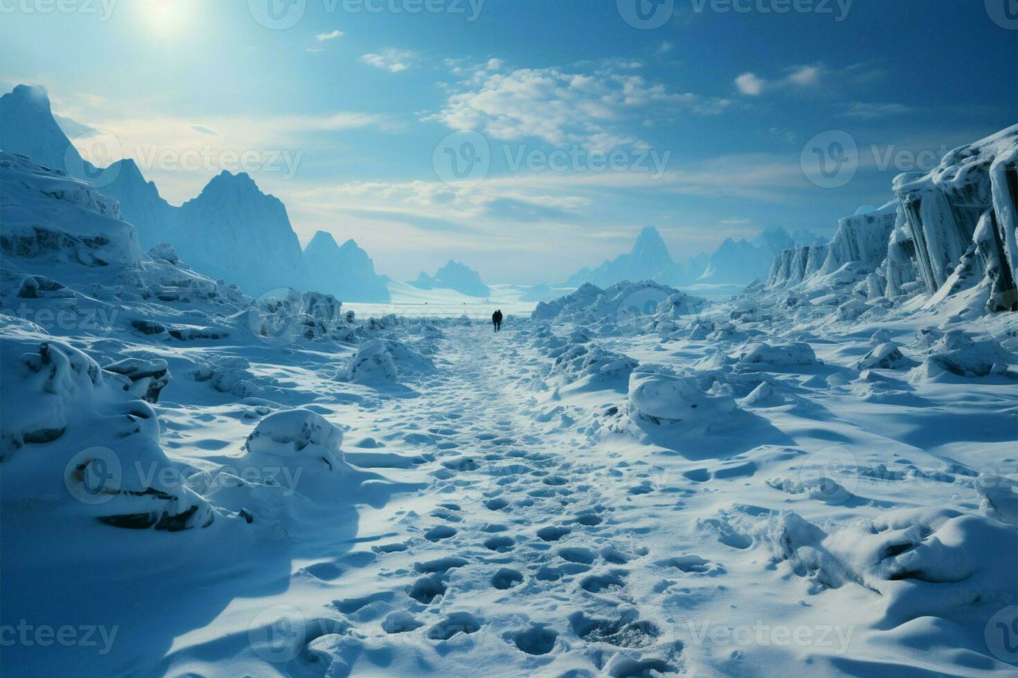 Wintry trek Footprints ascend hill as humans venture through snow covered landscape AI Generated photo