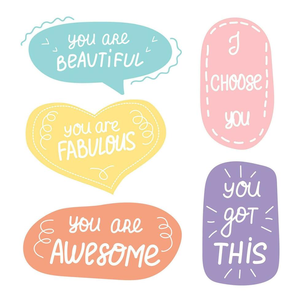 Set of inspirational speech bubbles with compliments, quotes about love for yourself and others. Vector typography for cards, posters, t-shirts, badges, stickers, etc.