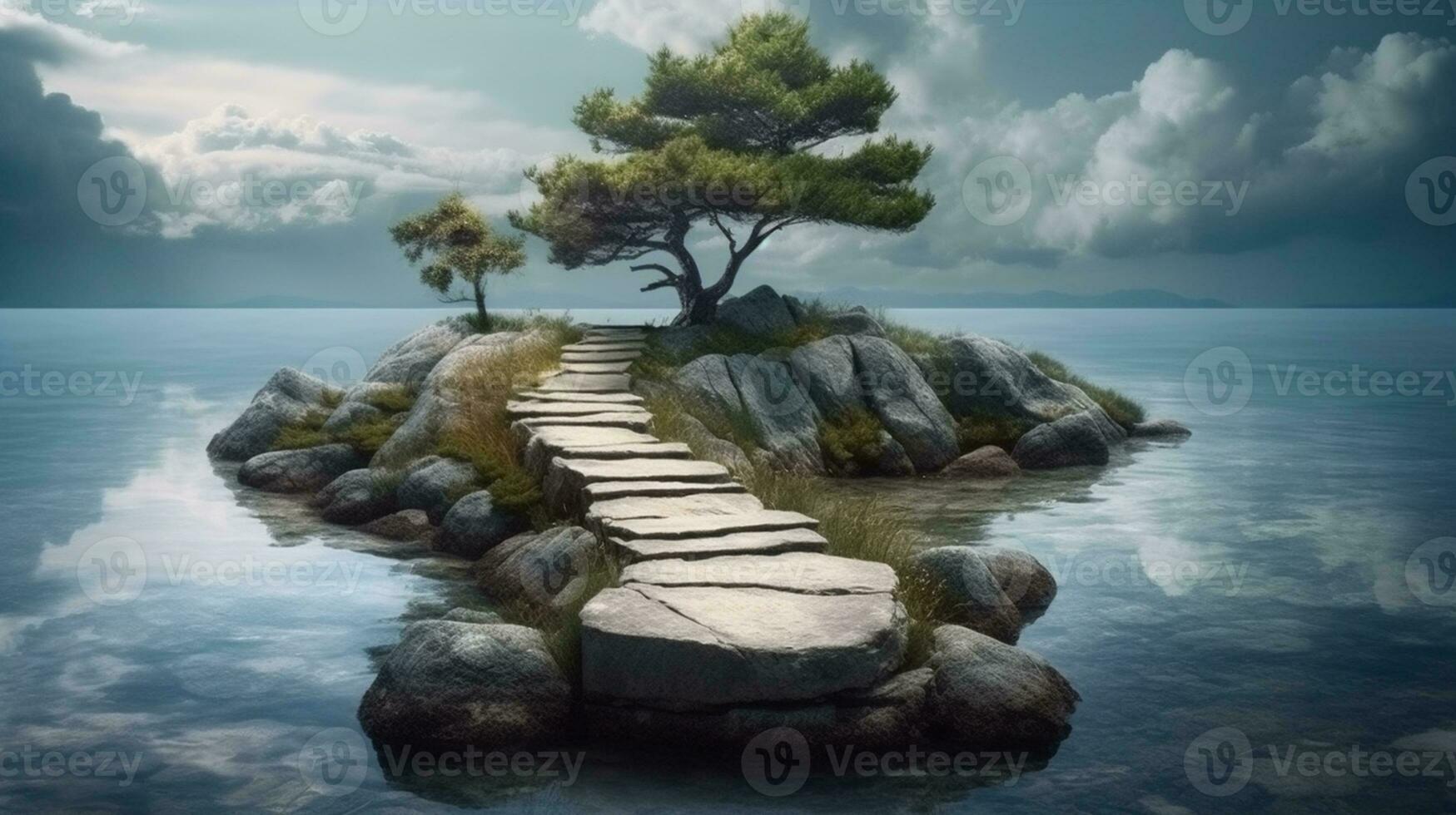 Surrealistic landscape with stone path to the island, zen concept, meditative AI Generated photo