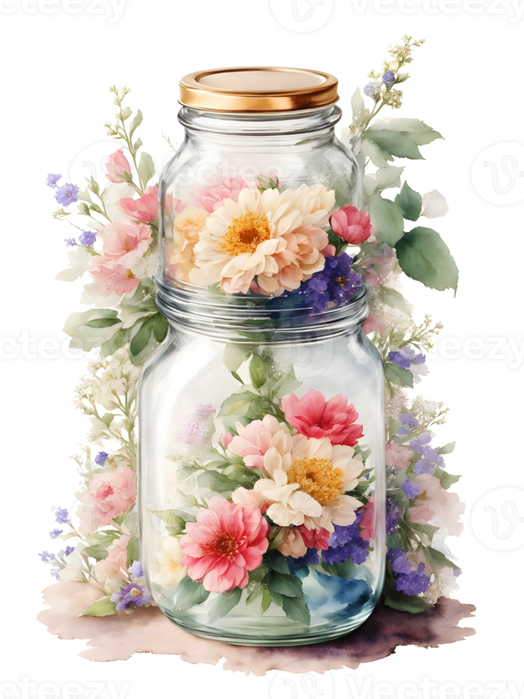 Flowers in glass jar watercolor png
