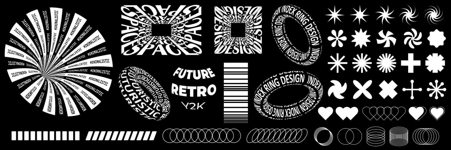 Abstract shapes in trendy 2000s retro style. Geometric elements, grid, text, spheres, for websites, flyers, posters, social networks. Vector set of y2k elements for graphic design.