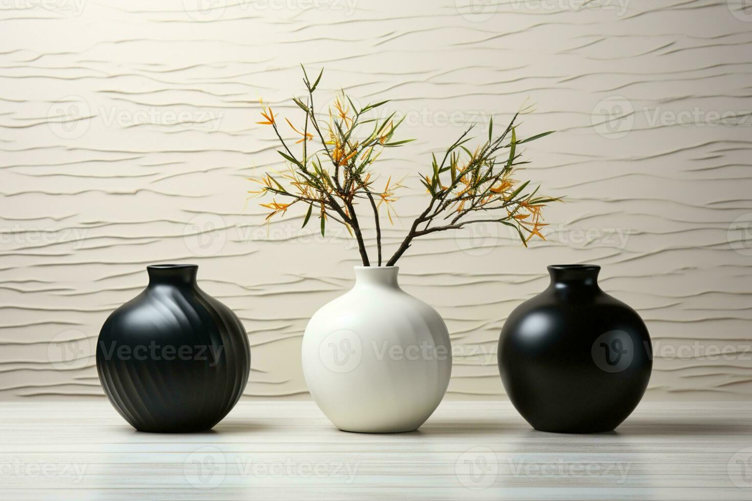 Ebony vases on sleek marble, striking contrast against white wall backdrop AI Generated photo