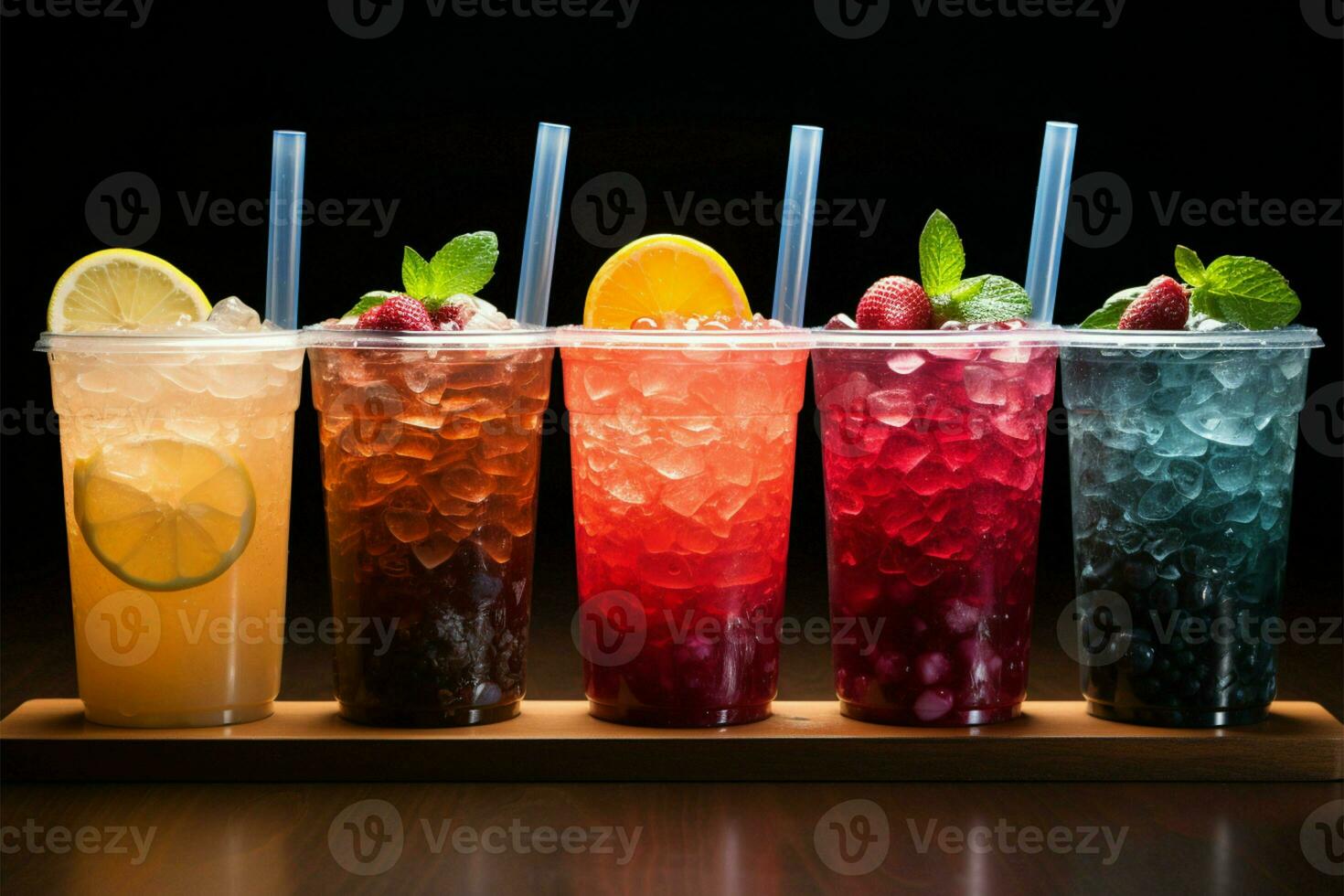 Icy fruit slushies stand united in plastic cups, forming a chilly lineup AI Generated photo