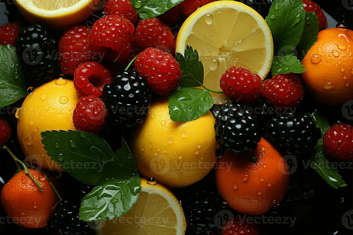 Vivid fruit array, berries, citrus, apples, liquidized juices A vibrant, healthy ensemble AI Generated photo