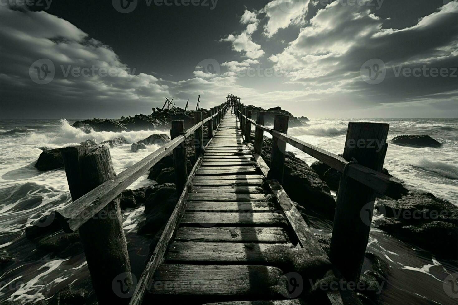 Noir coastal scene, Fishing jetty depicted in evocative black and white tones AI Generated photo