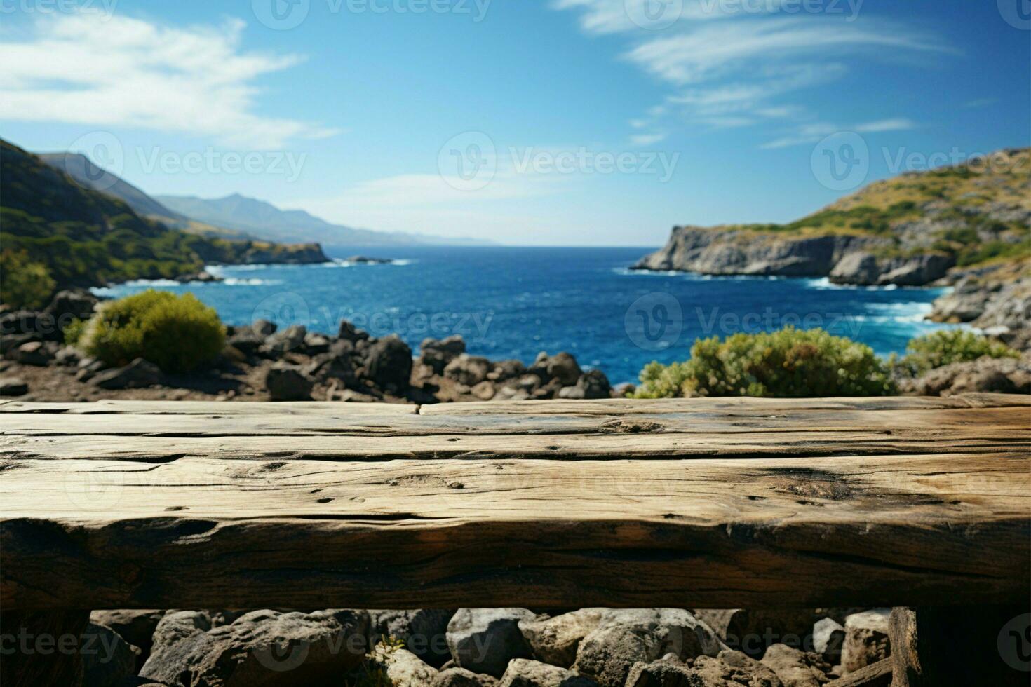 oceánico cuadro de madera mesa encima borroso isla y azul cielo panorama ai generado foto