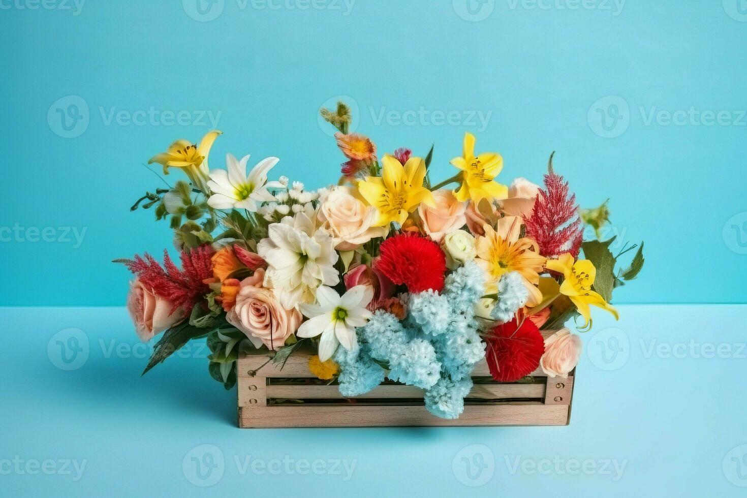 Bunch flowers box spring. Generate Ai photo