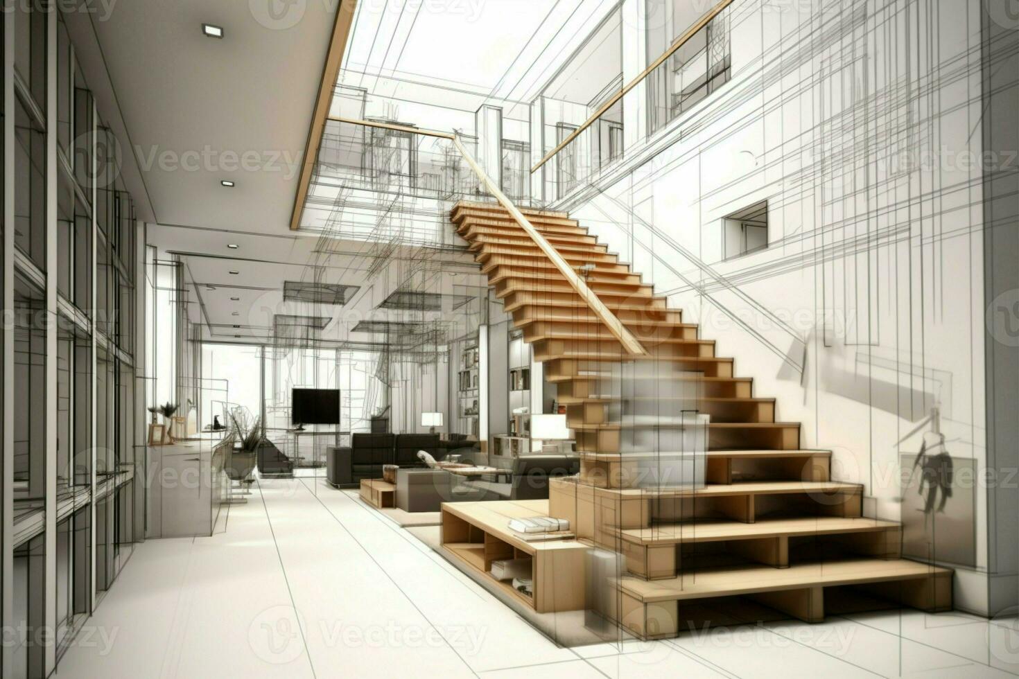 Artistic vertical space 3D wireframe portrays sketch design, showcasing captivating stair hall AI Generated photo
