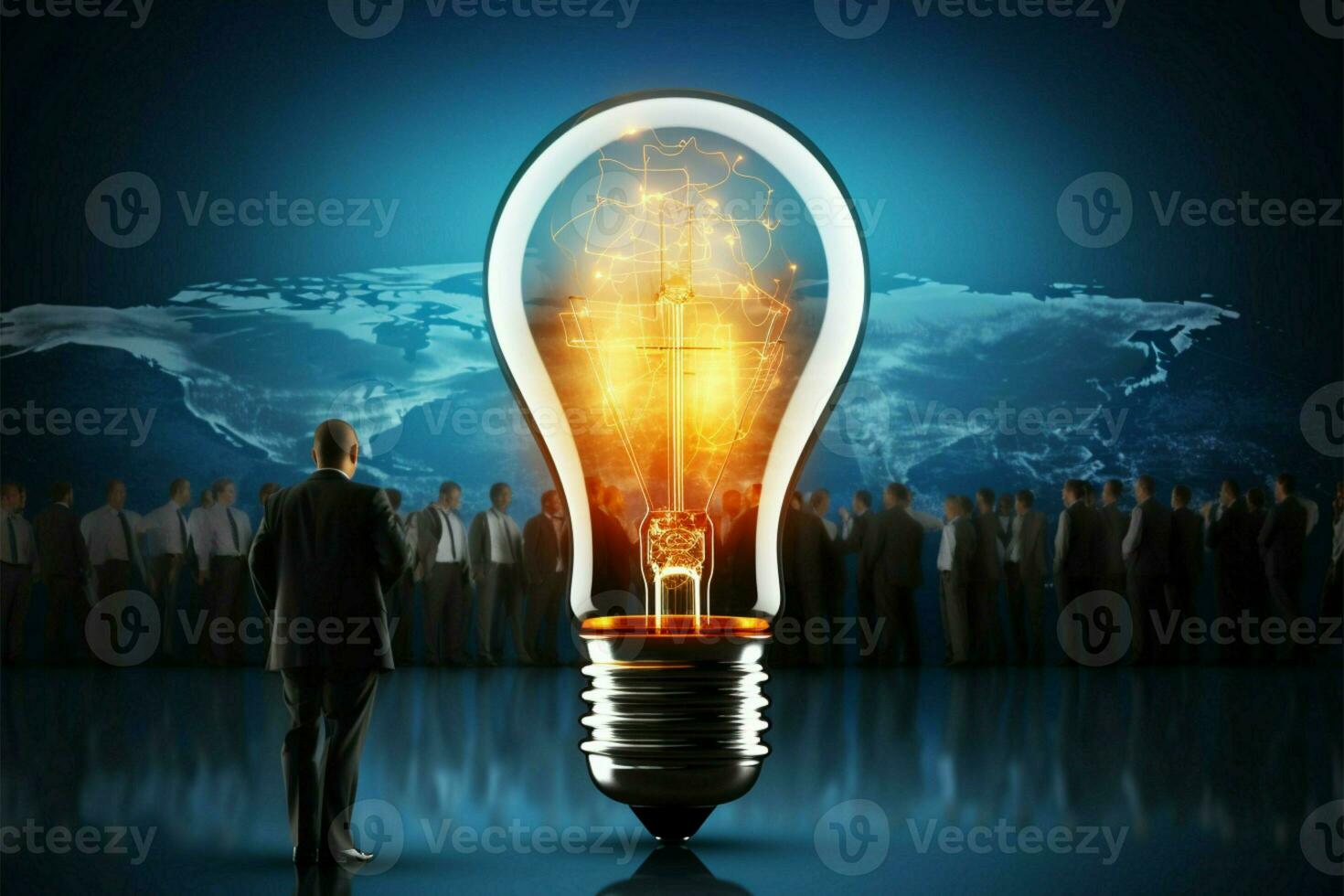 Bright idea emerges with lamp headed businessmans glowing inspiration AI Generated photo