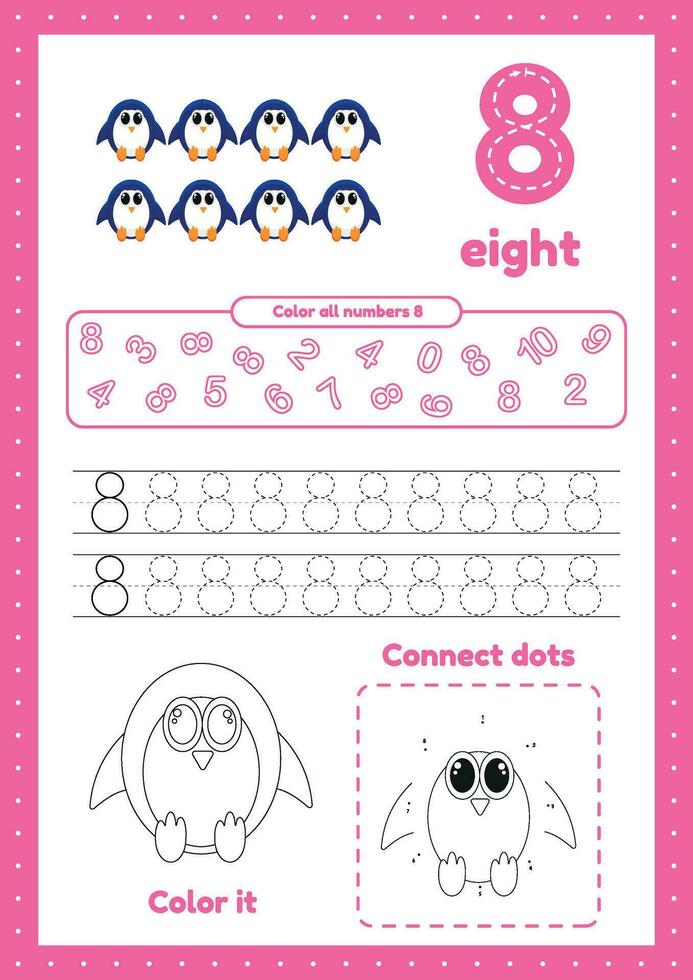 Activity page for toddlers. Educational worksheet with many exercises. Trace, color, dot to dot on one page. Learning number 8. vector