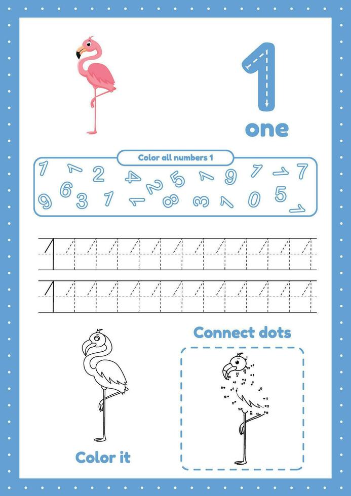 Activity worksheets for kids education with many exercises. Learning numbers. Number 1. Trace, color, dot to dot on one page vector