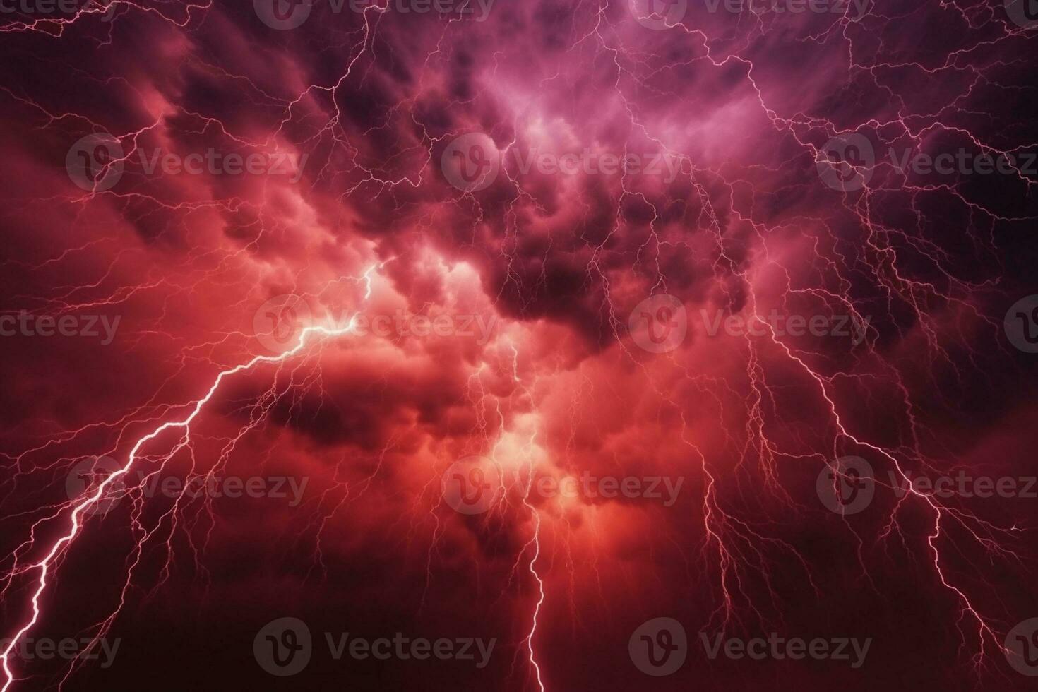 Apocalyptic backdrop with vibrant lightning in a dark red sky. AI Generated photo