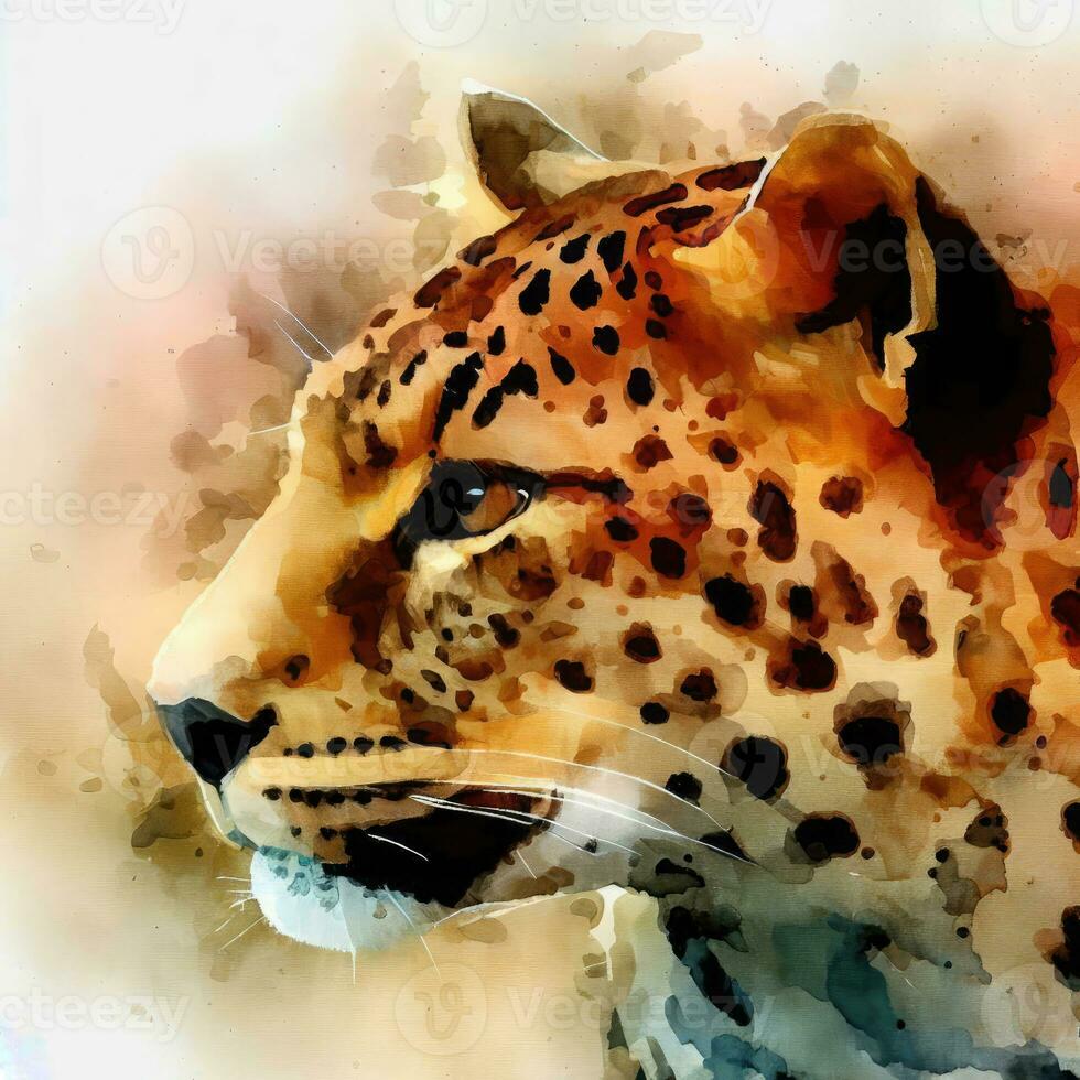 Watercolor style painting of a cheetah leopard on the African savannah. Created with Ai. photo