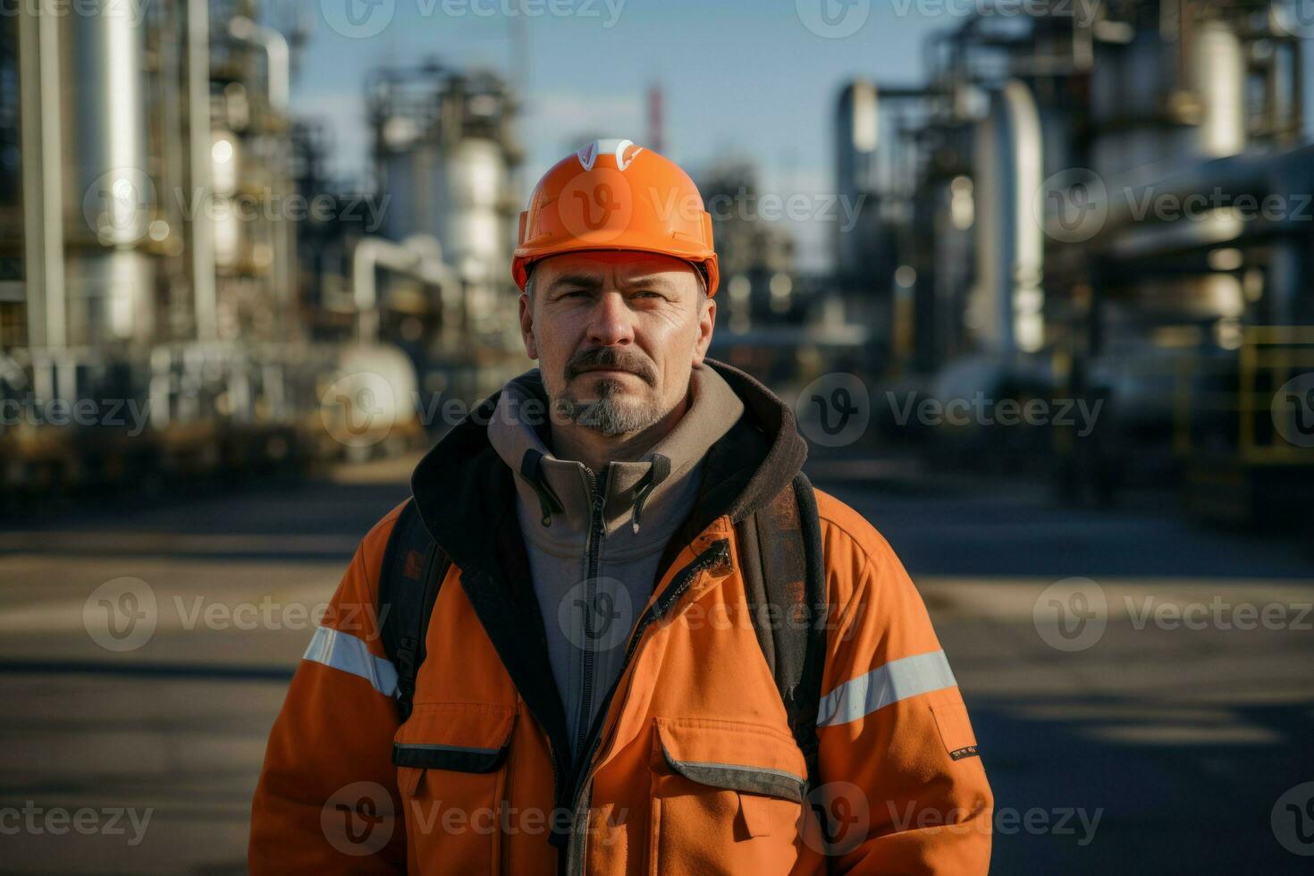 Worker helmet in front factory. Generate Ai photo