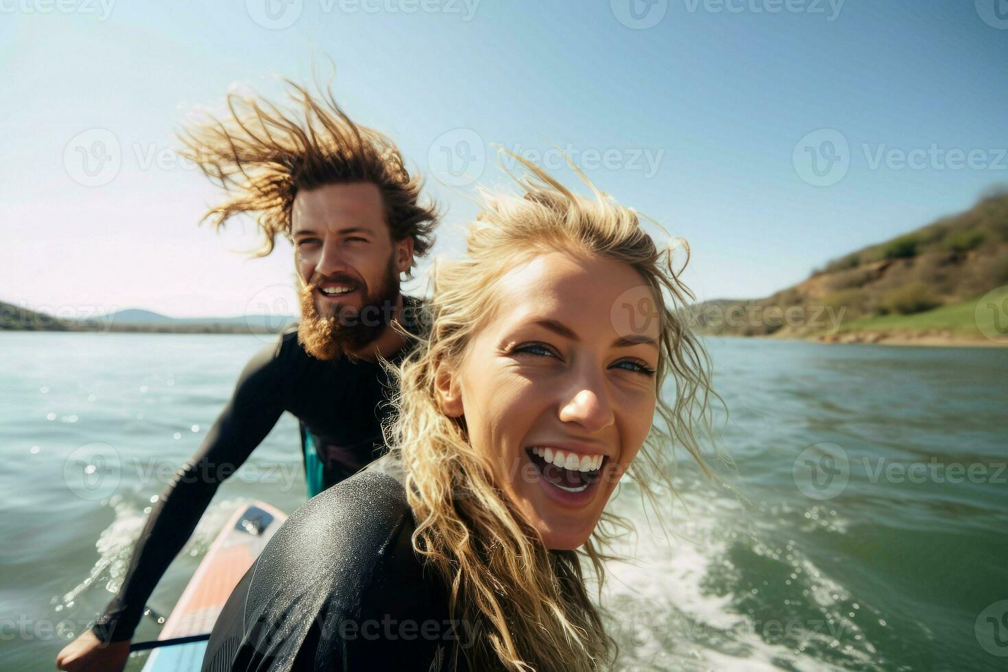 Woman man swimming fun. Generate Ai photo