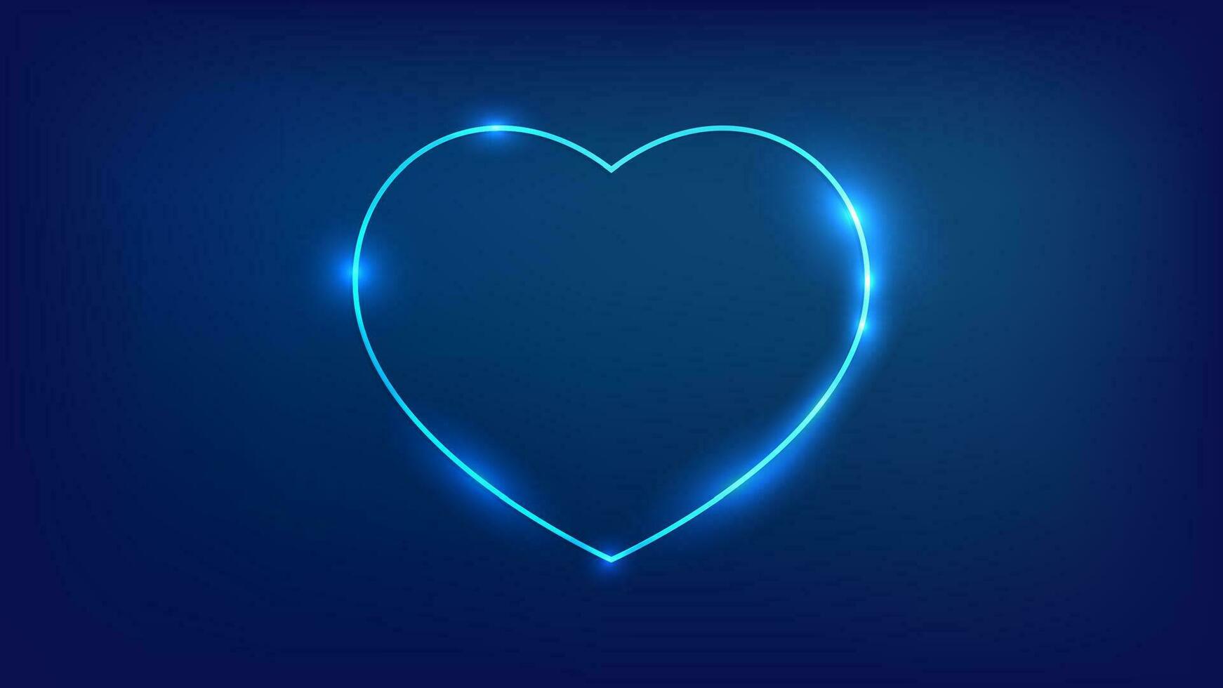 Neon frame in heart form with shining effects on dark background. Empty glowing techno backdrop. Vector illustration.