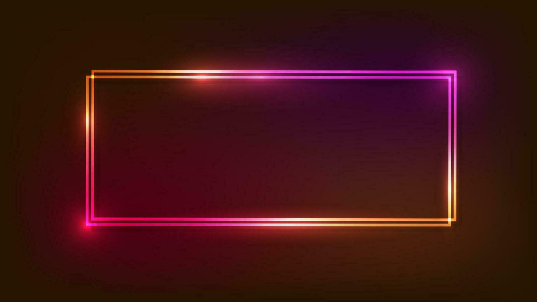 Neon double rectangular frame with shining effects on dark background. Empty glowing techno backdrop. Vector illustration.