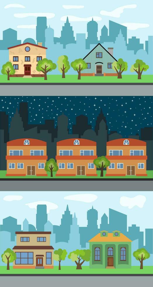 Set of three vector illustrations of city street with cartoon houses and trees. Summer urban landscape. Street view with cityscape on a background