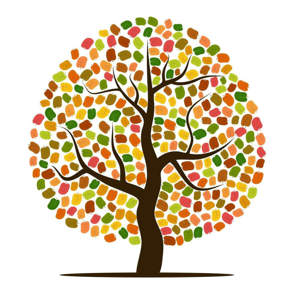 Autumn tree with yellow, orange, brown and green leaves. Vector illustration