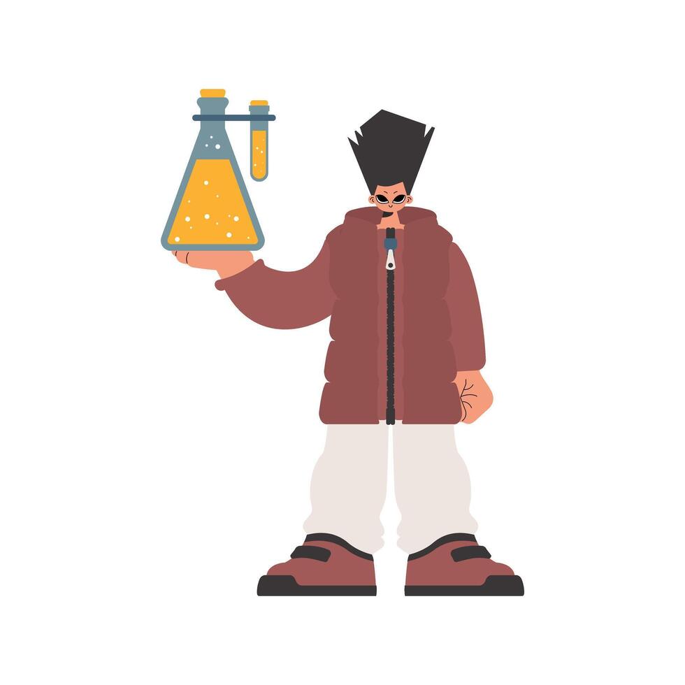 The individual is holding a chemical shake, kept on a white establishment. Trendy style, Illustration vector