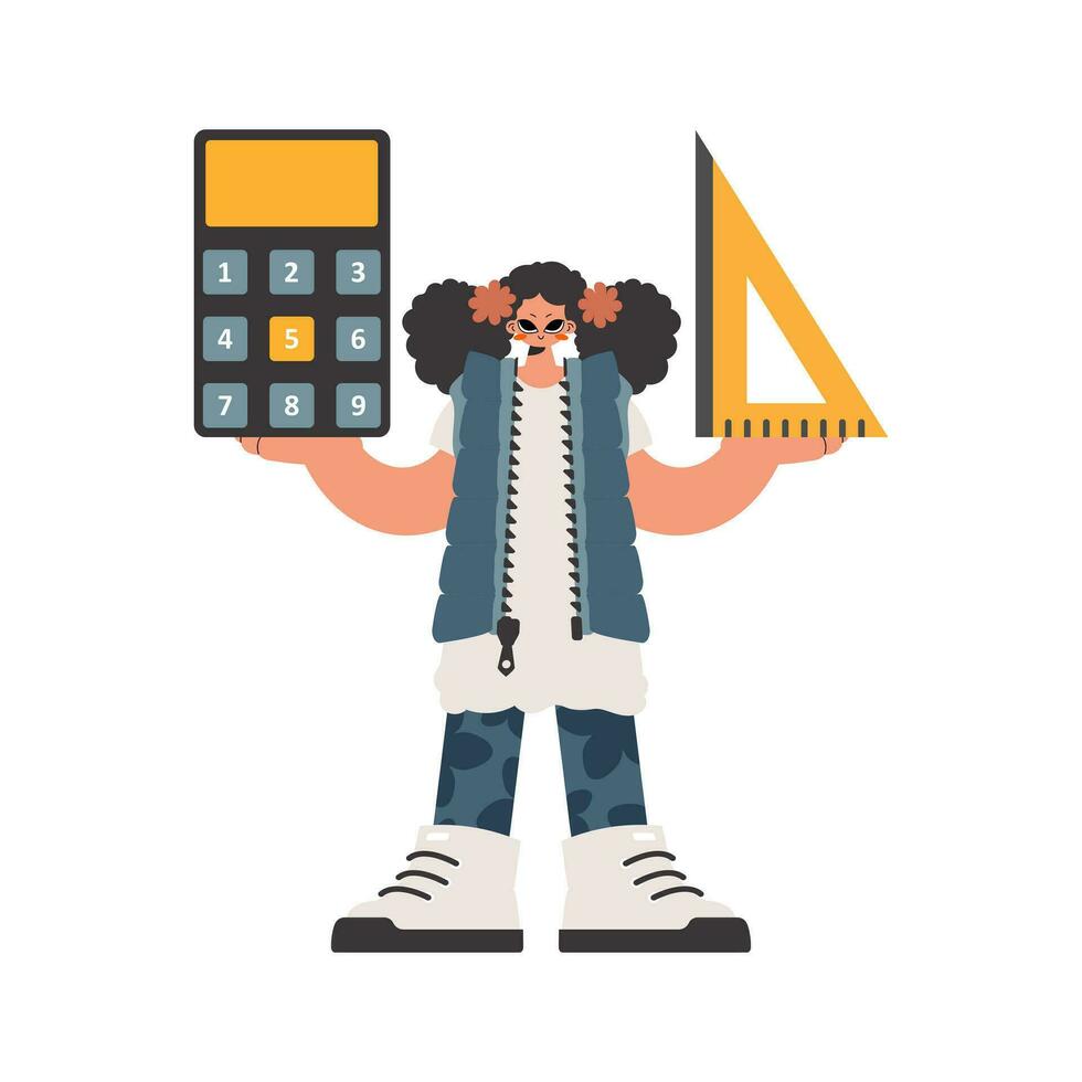 el energizado dama sostiene un regla y un calculadora en su manos, mantenido en un blanco base. de moda estilo, vector ilustración