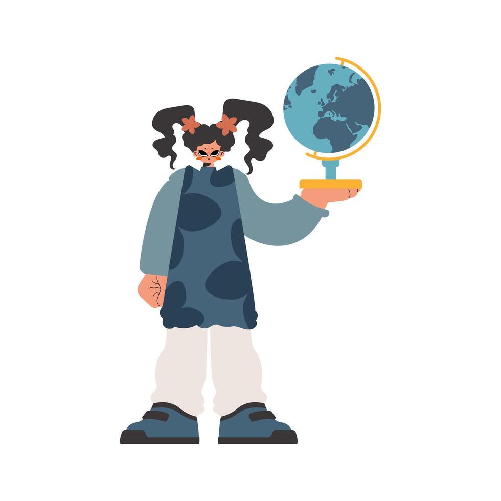 Energized woman holding a globe in her hands, kept on white establishment. Trendy style, Illustration vector