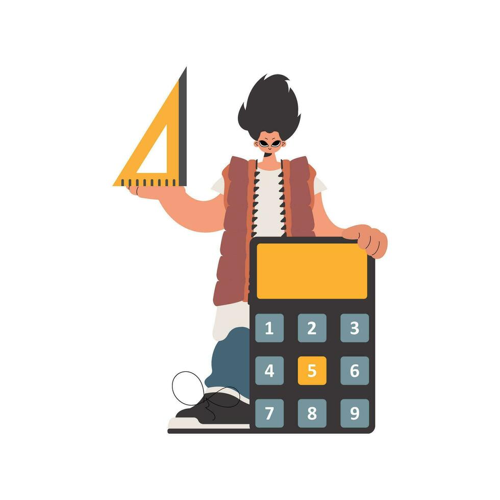 el individual sostiene un regla y un calculadora en su manos, obligado en un blanco establecimiento. de moda estilo, vector ilustración
