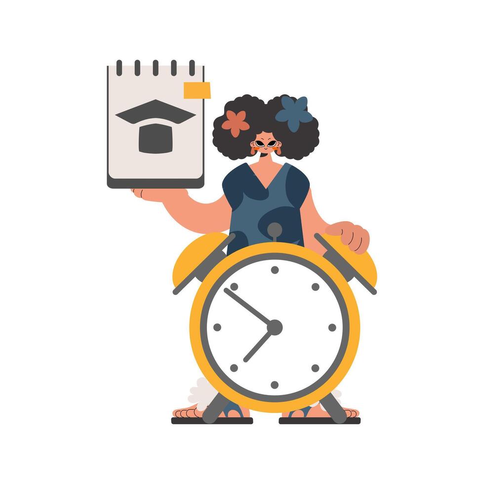 Energetic lady with theoretical and caution clock, disconnected on white foundation. Trendy style, Illustration vector