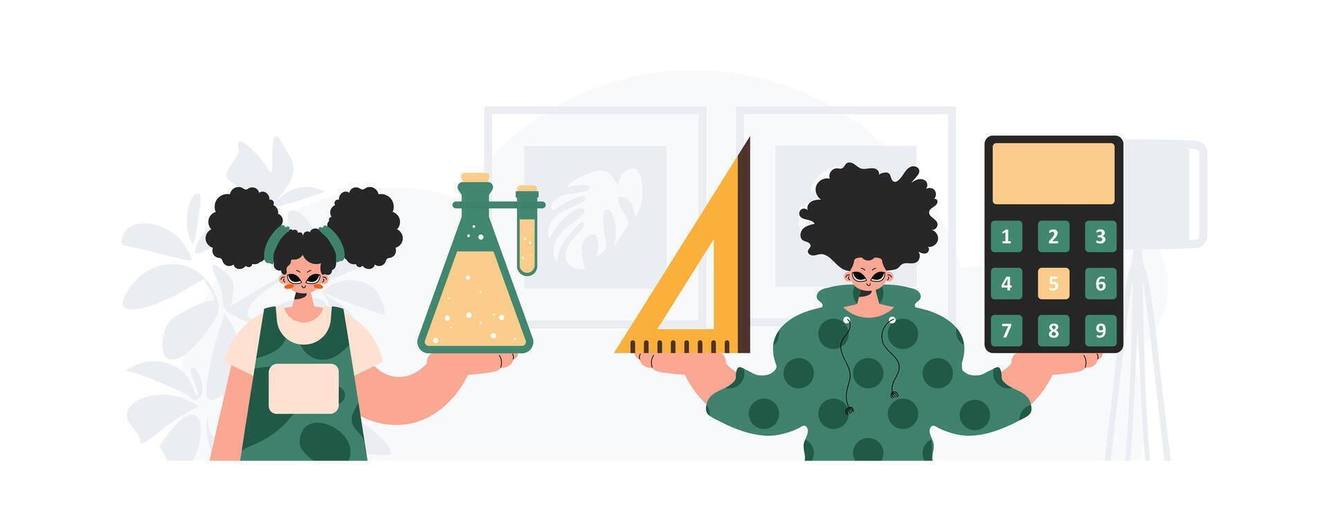 Two people holding up a calculator and a pencil vector
