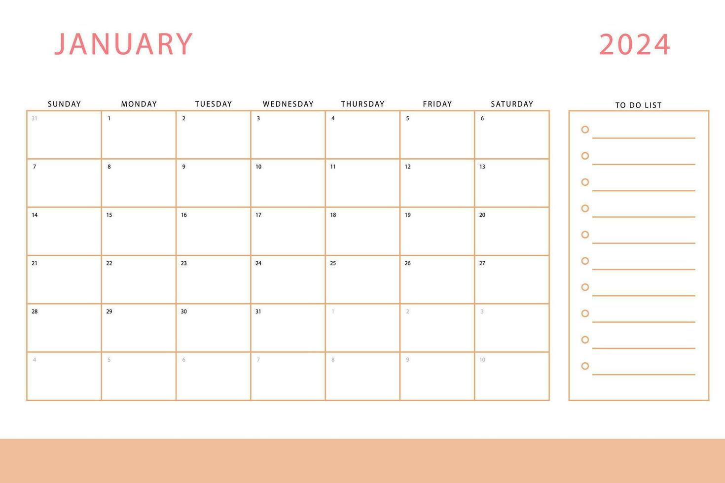 January 2024 calendar. Monthly planner template. Sunday start. Vector design