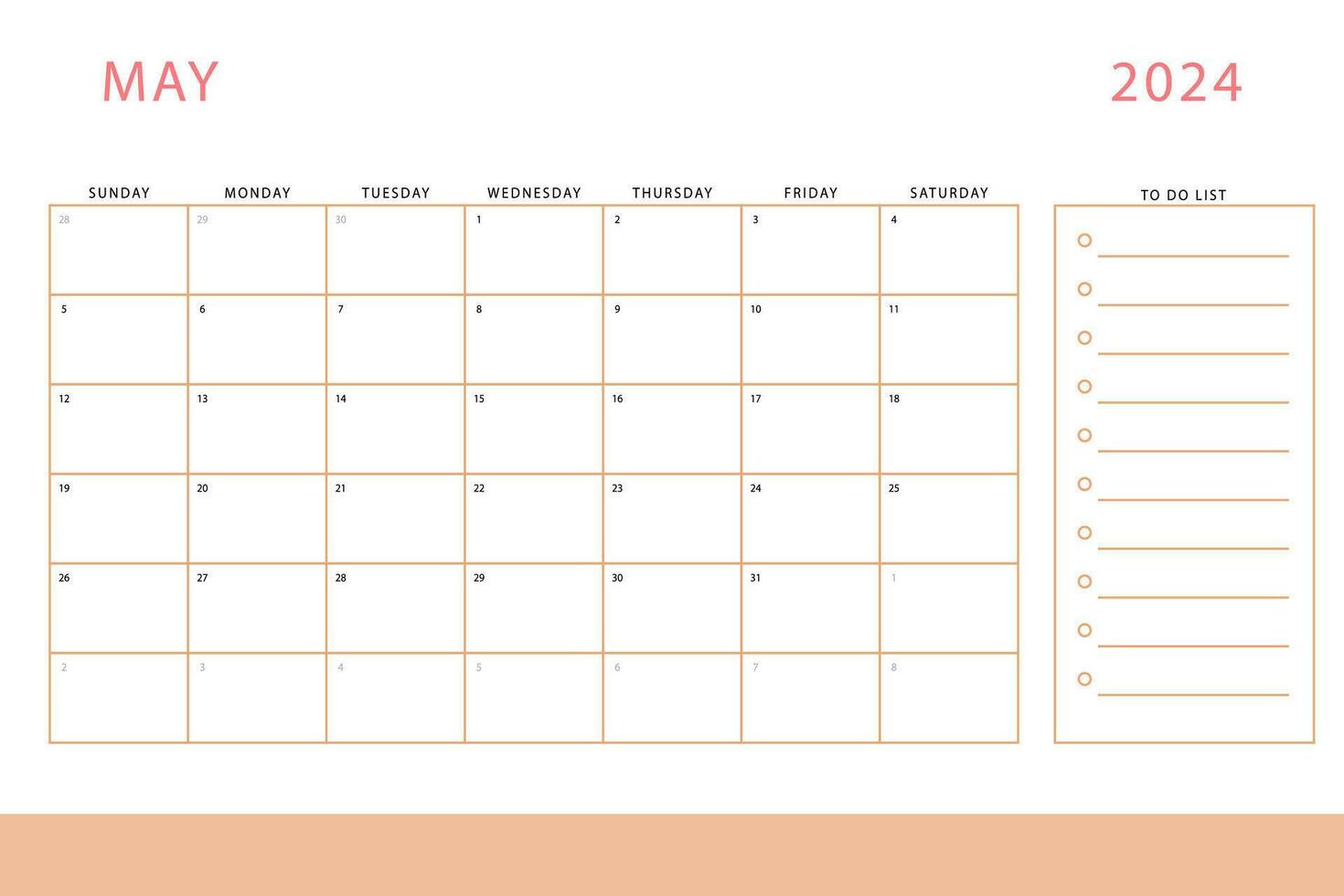 May 2024 calendar. Monthly planner template. Sunday start. Vector design