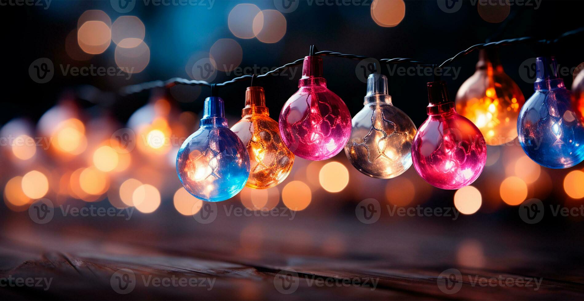 festivo brillante de colores Navidad guirnalda en borroso bokeh fondo, nuevo año bandera - ai generado imagen foto