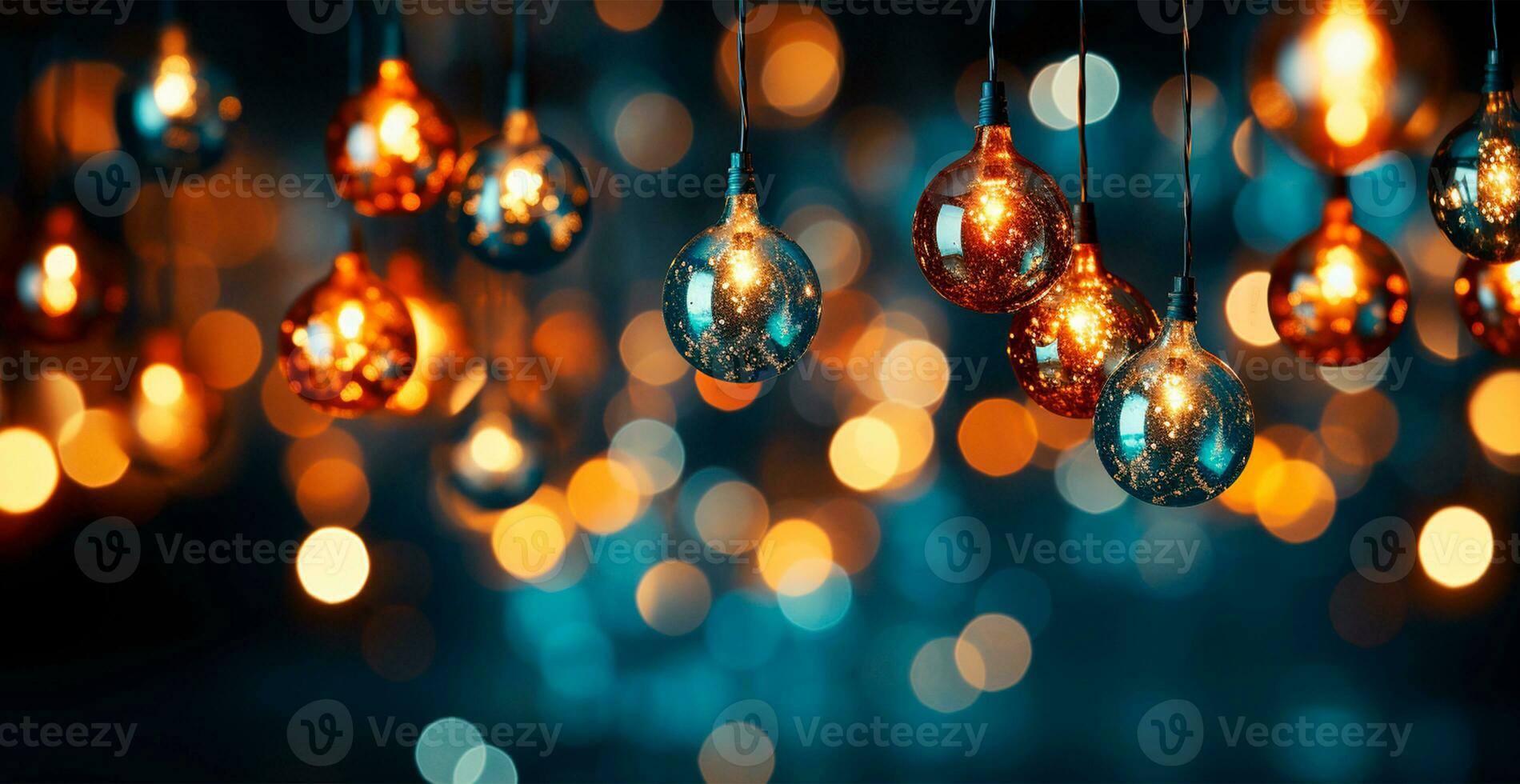 Festive bright colored Christmas garland on blurred bokeh background, New Year banner - AI generated image photo