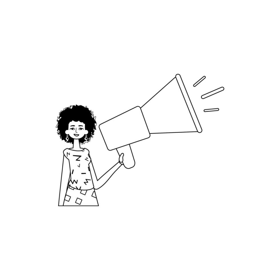 The daughter is holding a bullhorn . hour concept . black and White analogue vogue. Trendy style, Vector Illustration