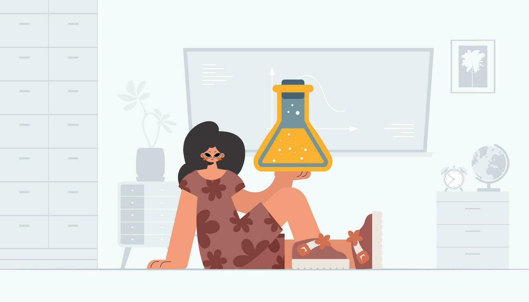 Unending woman holding chemical carafe, learning point. Trendy style, Vector Illustration