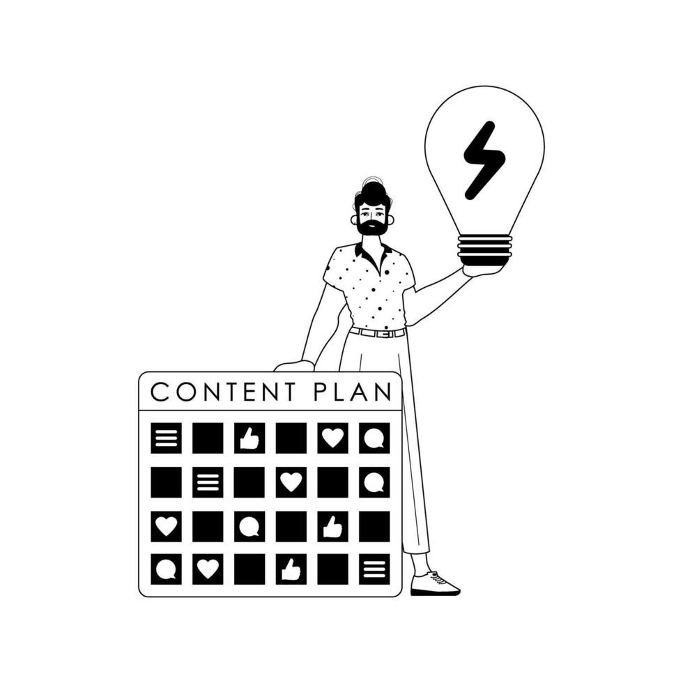 Guy , message design and fall clean bulb . capable of social network . black and White linear vogue. Trendy style, Illustration vector