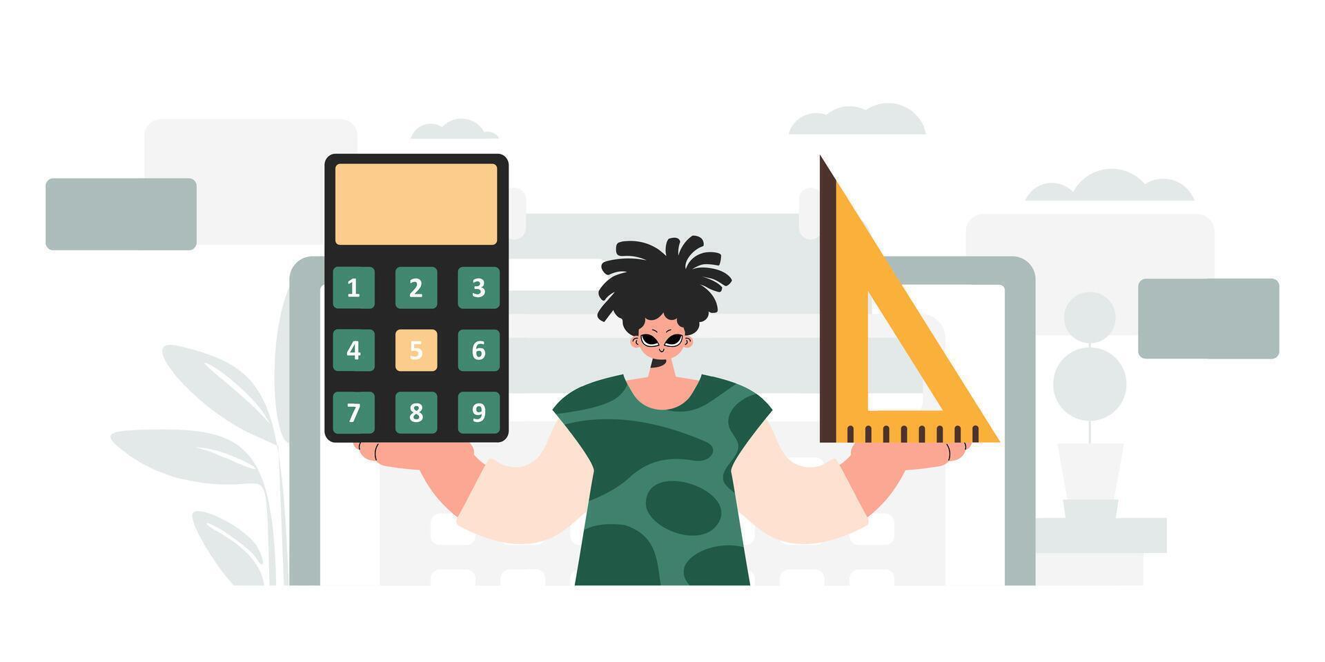 The person is holding a ruler and a calculator, learning subject. Trendy style, Illustration vector