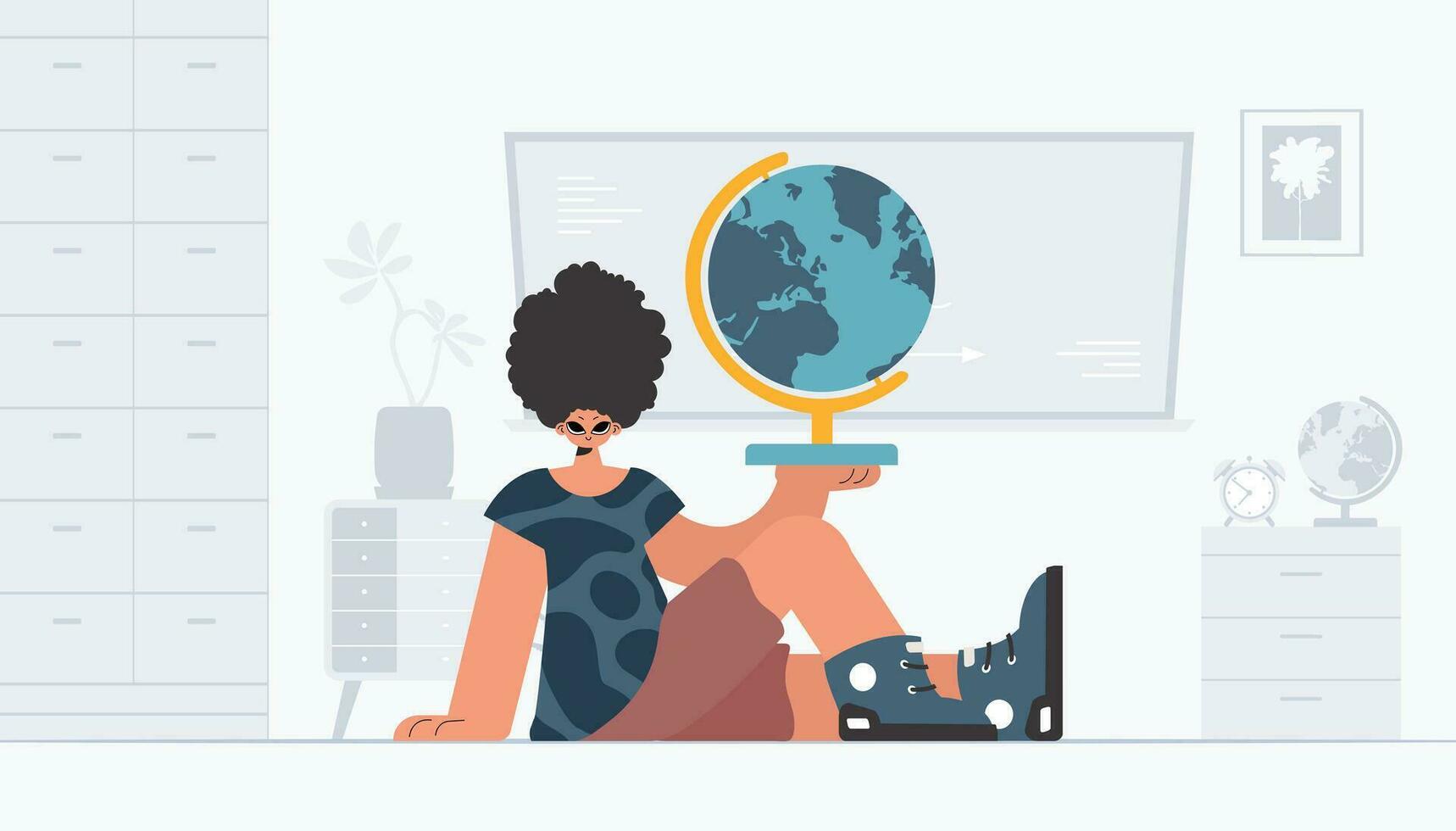 The individual is holding a colossal globe, the subject of learning. Trendy style, Vector Illustration