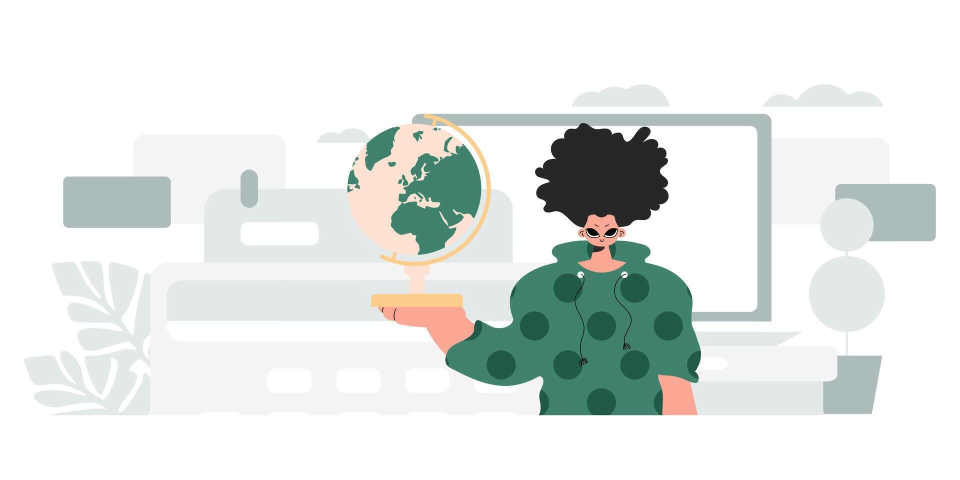 The person is holding a colossal globe, the subject of learning. Trendy style, Illustration vector